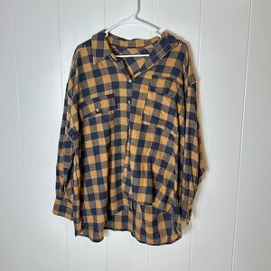 SHEIN Blue and Tan Plaid Button Down Shirt